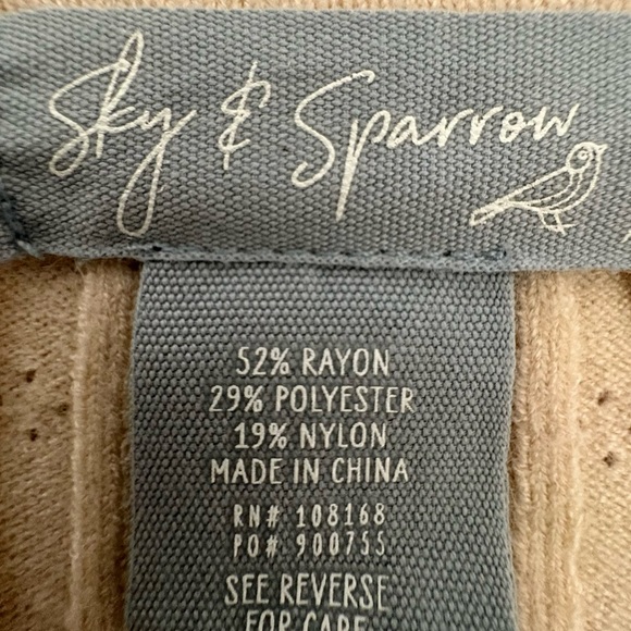 Sky & Sparrow Tie Front Ribbed Knit Top XS Beige Pointelle Long Sleeve Cropped - Picture 12 of 13